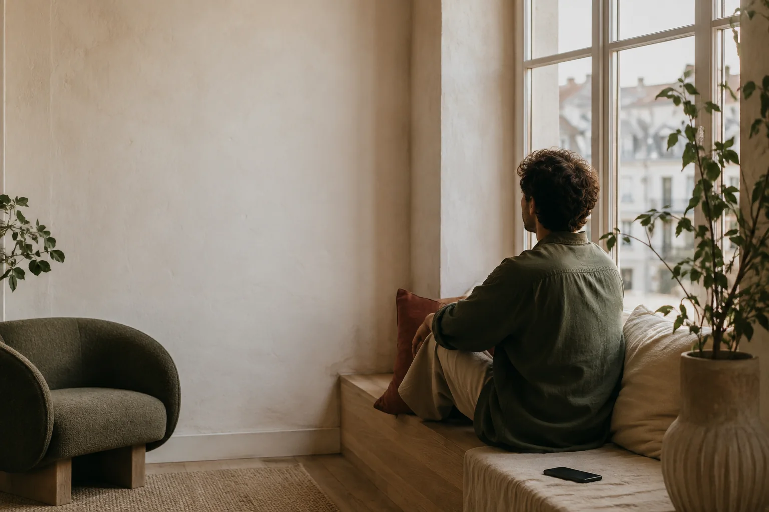 Eine Person sitzt morgens ruhig an einem Fenster.