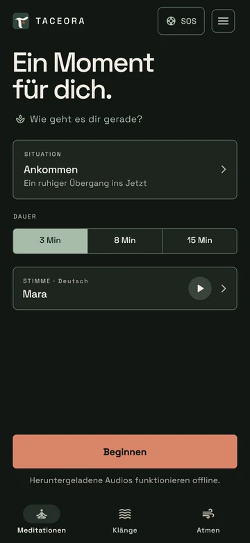 Taceora-Startbildschirm auf Deutsch mit SOS, „Wie geht es dir gerade?“ und der Auswahl für Situation, Dauer und Stimme.