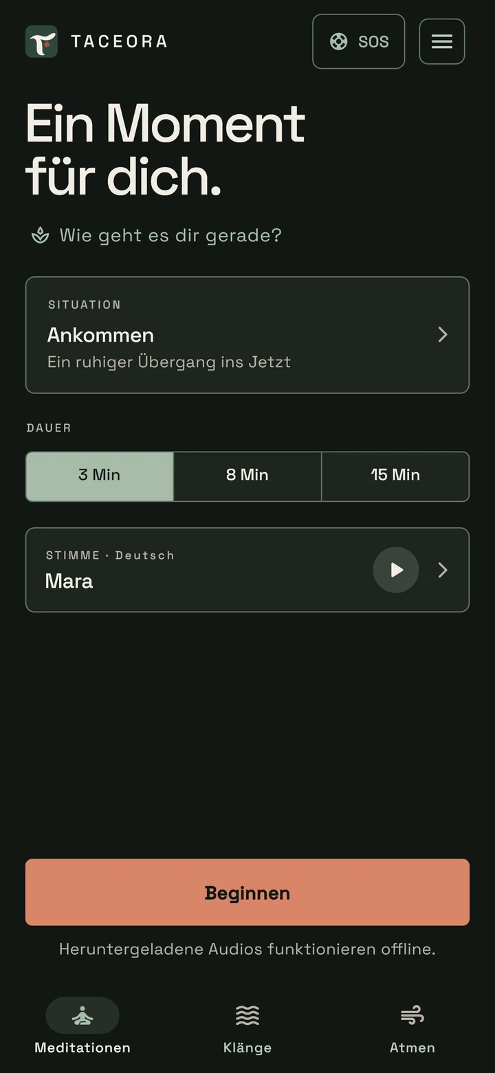 Taceora-Startbildschirm auf Deutsch mit SOS, „Wie geht es dir gerade?“ und der Auswahl für Situation, Dauer und Stimme.