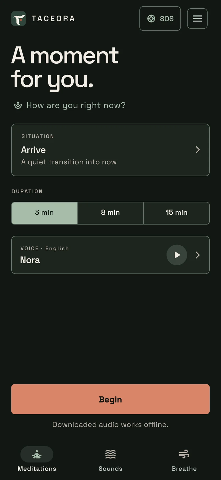 Taceora home screen in English with SOS, “How are you right now?” and choices for situation, duration and voice.