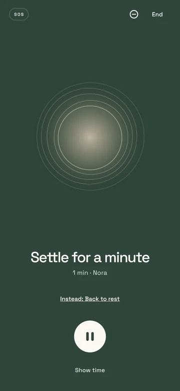 Taceora player in English during the SOS minute, with a calm breathing form and minimal controls.