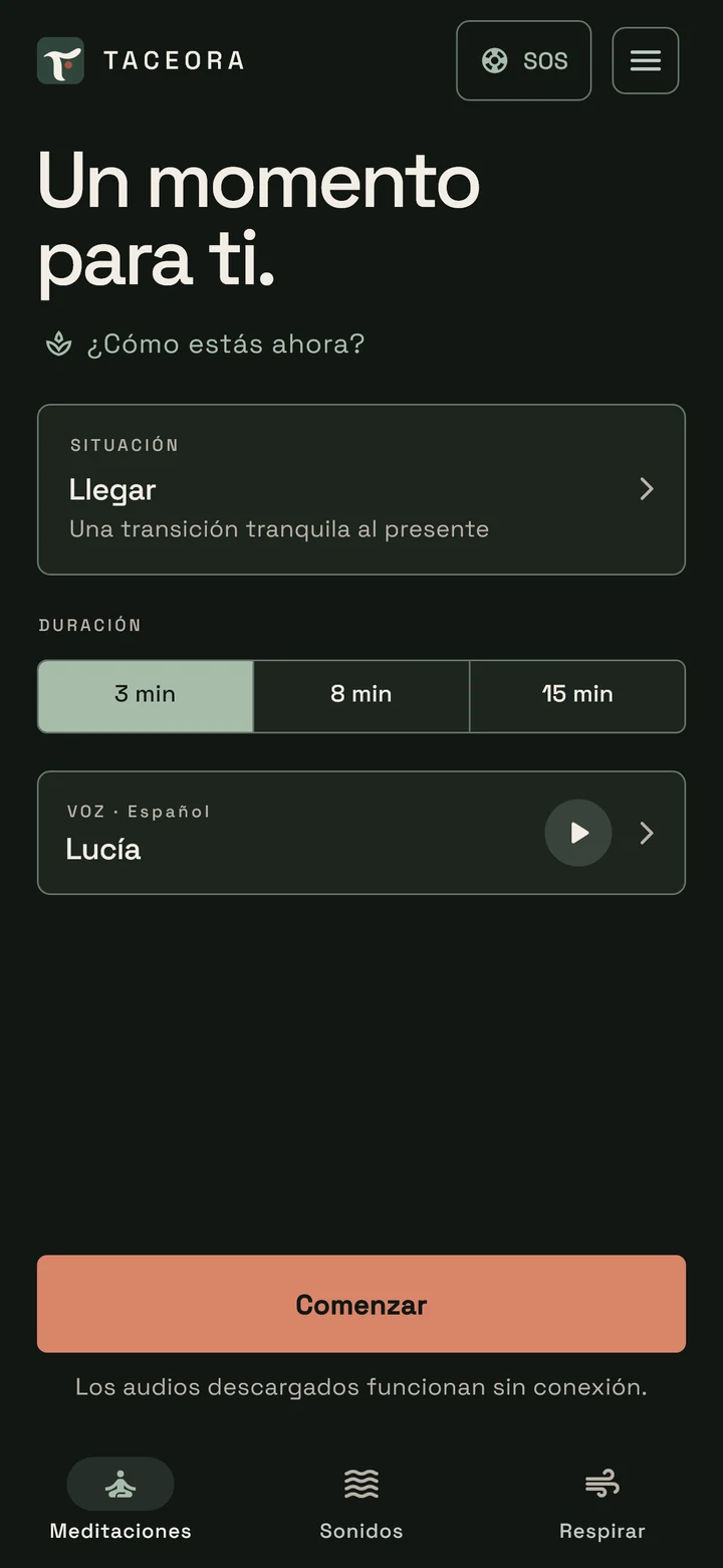 Pantalla inicial de Taceora en español con SOS, «¿Cómo estás ahora?» y selección de situación, duración y voz.