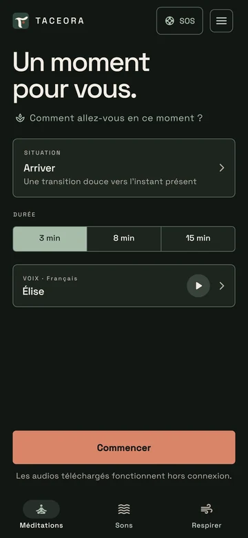 Écran d’accueil de Taceora en français avec SOS, « Comment allez-vous en ce moment ? » et choix de la situation, de la durée et de la voix.