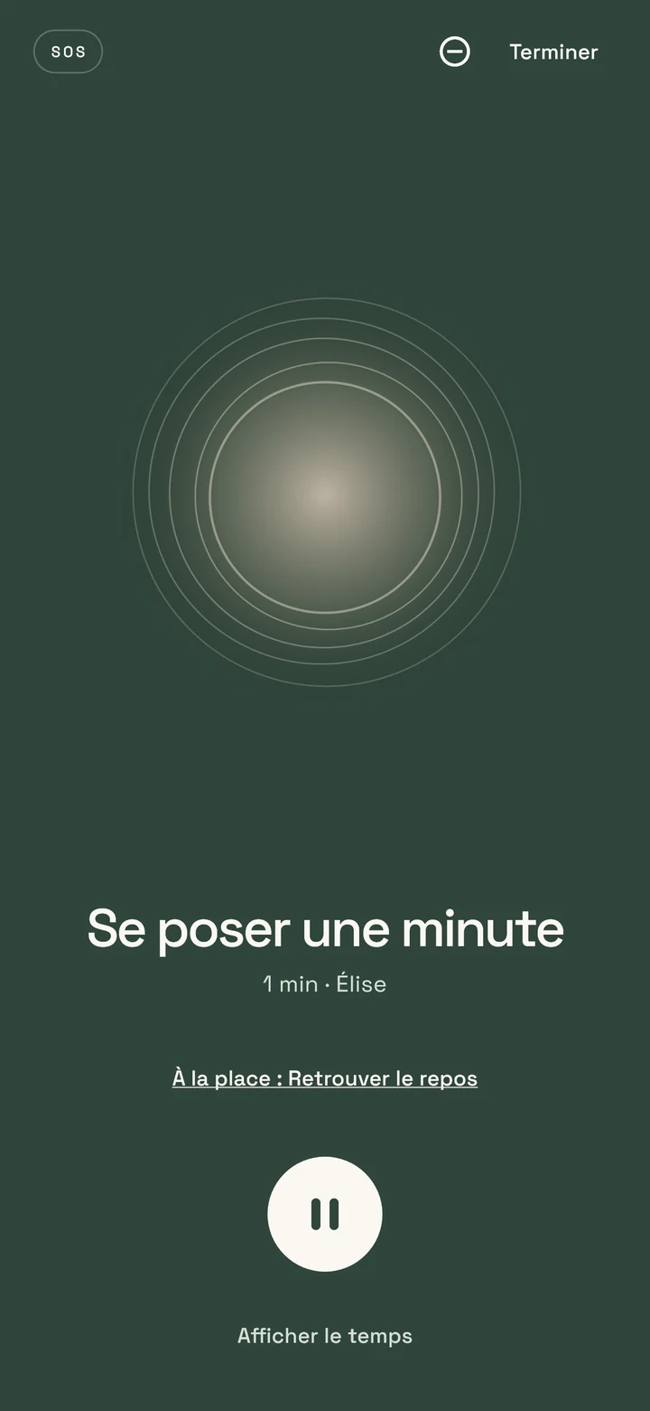 Lecteur Taceora en français pendant la minute SOS, avec un cercle de respiration calme et peu de commandes.
