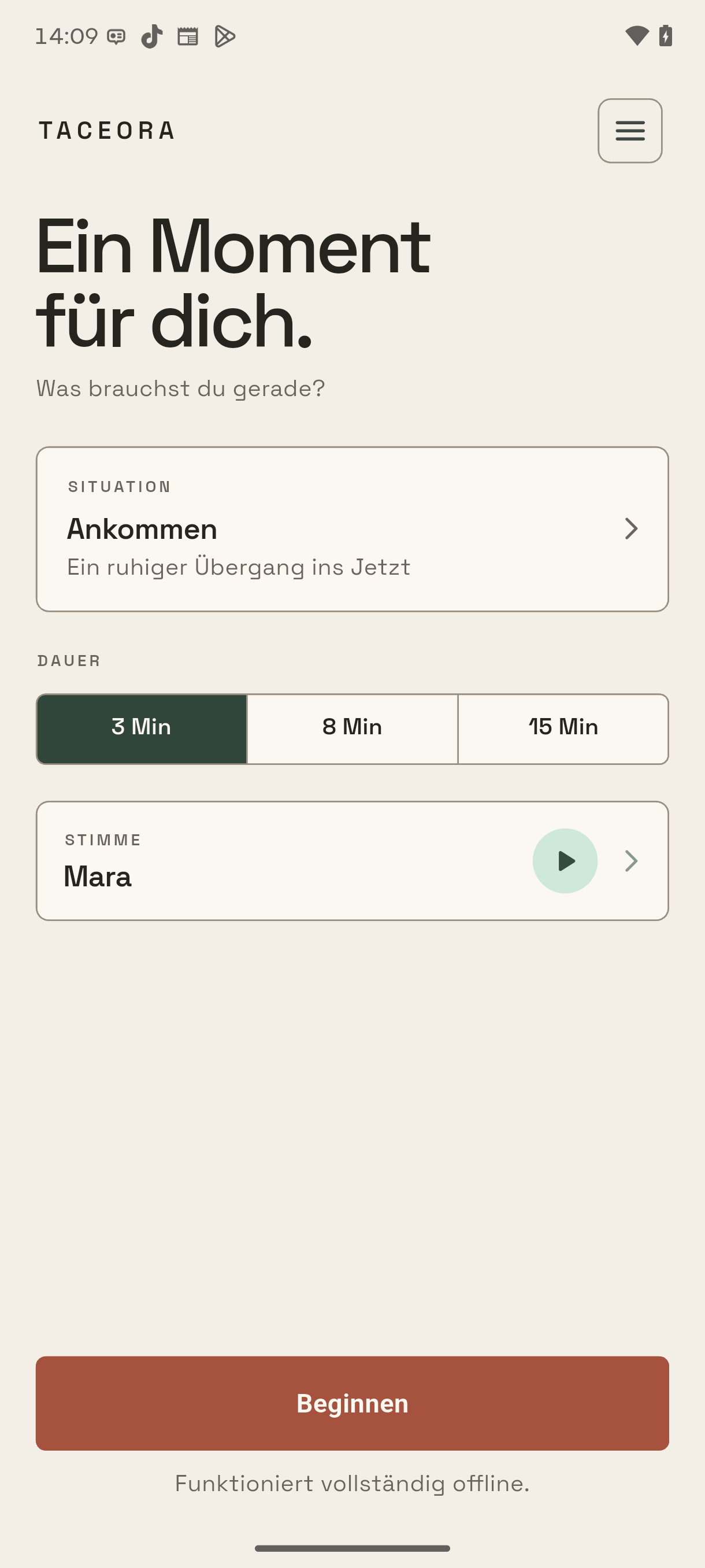 Taceora Startbildschirm mit Auswahl für Situation, Dauer und Stimme.