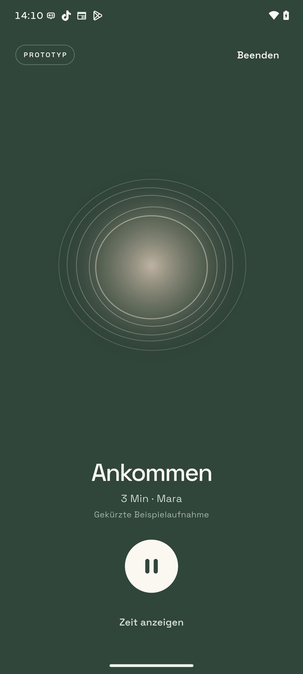 Taceora Meditationsplayer mit ruhiger Atemform und wenigen Bedienelementen.