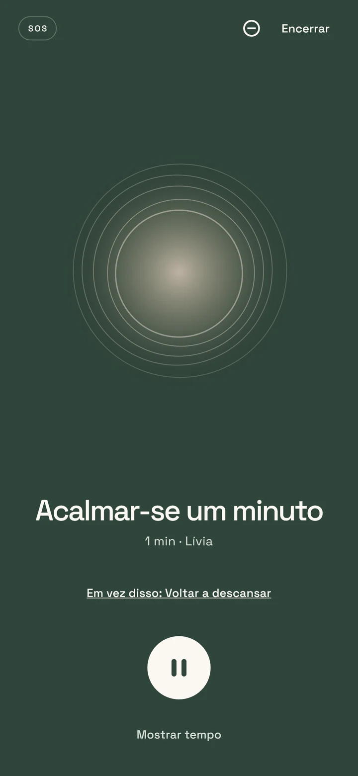 Player do Taceora em português durante o minuto SOS, com um círculo de respiração calmo e poucos controles.